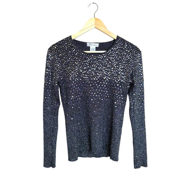 Dressbarn Sequin Sweater Women’s Medium Gray Stretch Ribbed Metallic Party Sexy - Picture 1 of 9